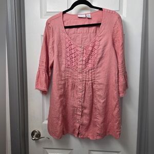 Soft Surroundings Coral Lace Button Down Tunic Top 100% Linen Boho Small